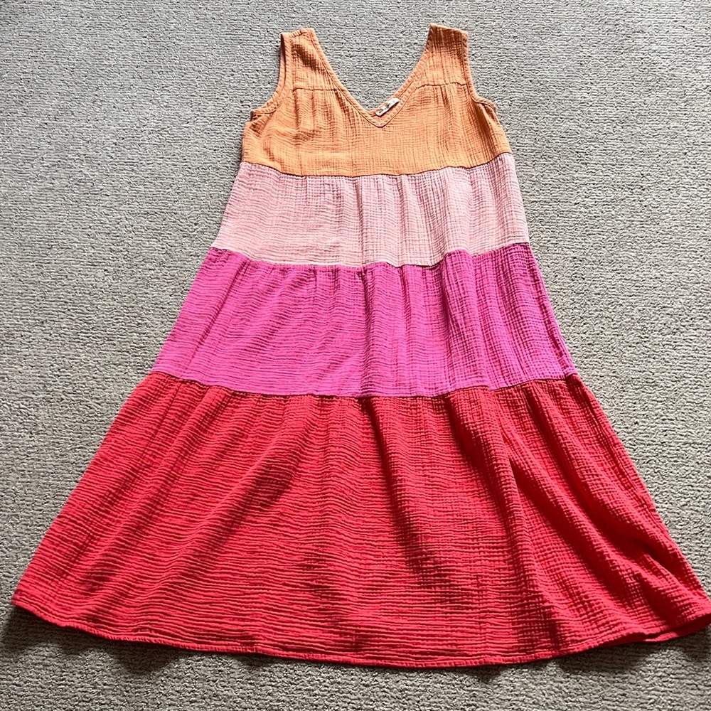 Marine Layer women’s  Tiered Cotton Dress in Orange, Pink, Fuchsia, and Red